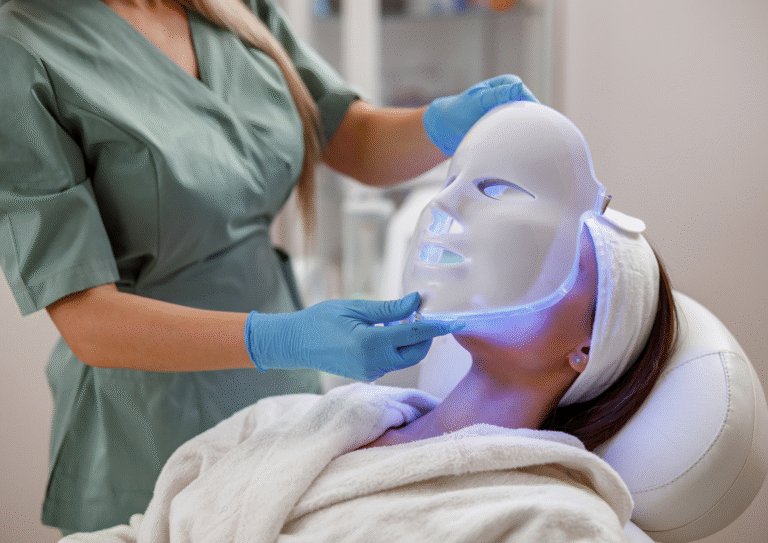 Image représentant une femme allongés en clinique se faisant poser un masque LED bleu par un médecin