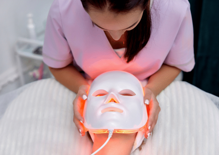 Image représentant une femme allongé en clinique avec un masque LED rouge et un médecin lui tenant la tête