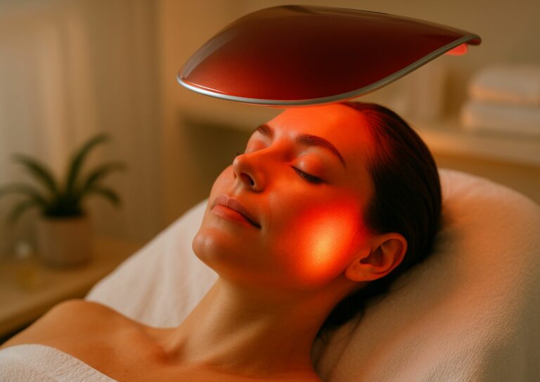 Image d'une femme qui réalise un soin à la LED, un traitement de choix pour la peau.