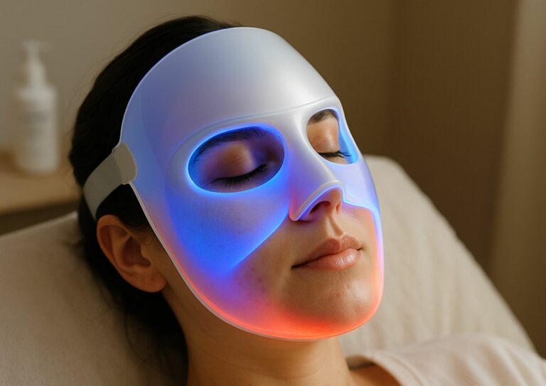 Image représentant une femme portant un masque LED bleu qui va lutter contre l'acné adulte