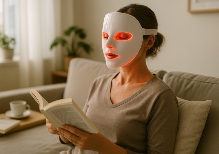 Image d'une femme portant un masque LED et profitant des avantages des masques LED à domicile en lisant un livre