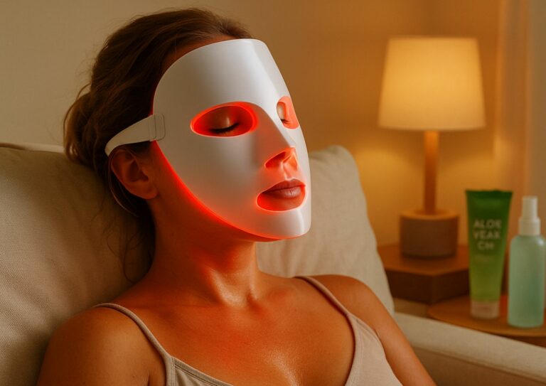 Image d'une femme portant un masque LED après une séance de traitement au soleil