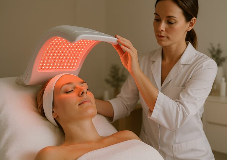 Image représentant une femme apaisant sa peau réactive avec un système de soin LED, supervisé par une médecin. Mais comment la technologie peut apaiser les peaux réactives