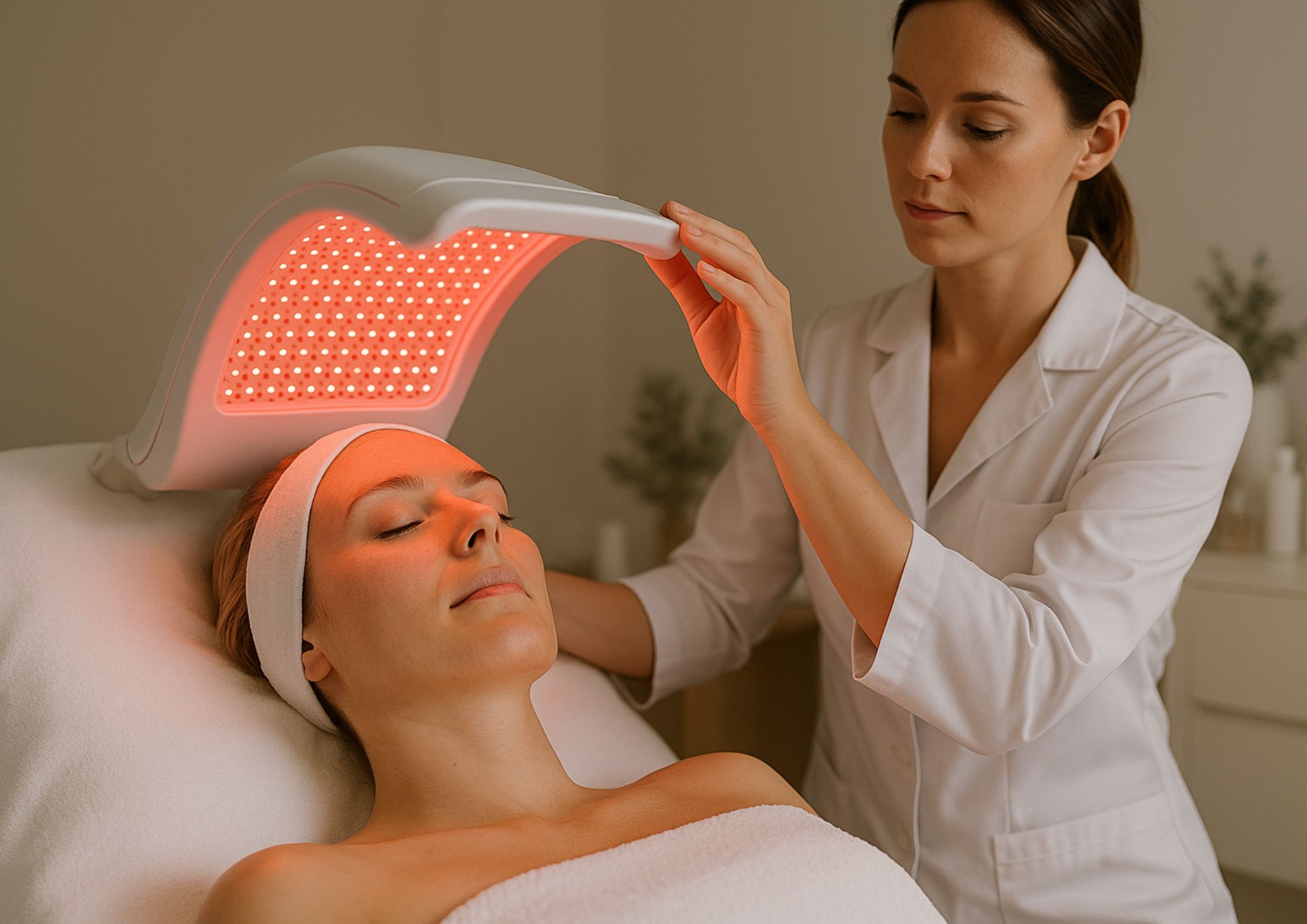 Image représentant une femme apaisant sa peau réactive avec un système de soin LED, supervisé par une médecin. Mais comment la technologie peut apaiser les peaux réactives