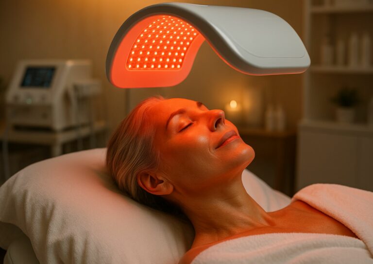 Image d'une femme faisant un soin à la LED pour une peau plus ferme et plus lisse.