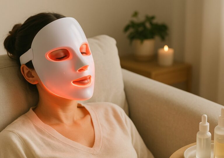 Image représentant une femme qui porte un masque LED blanc contre le vieillissement