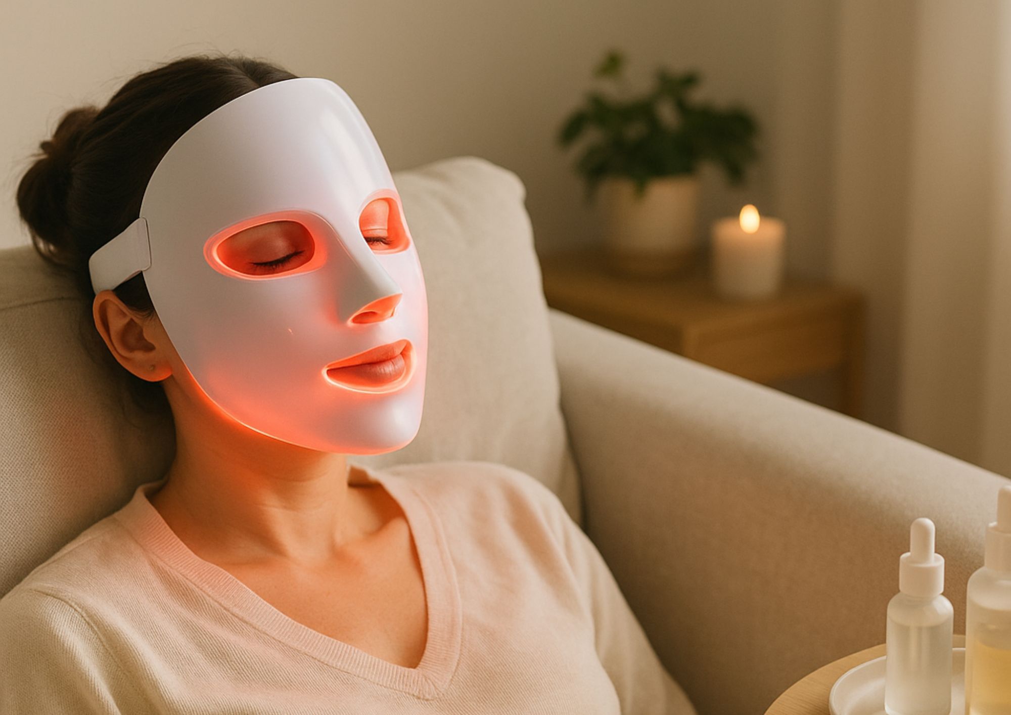 Image représentant une femme qui porte un masque LED blanc contre le vieillissement