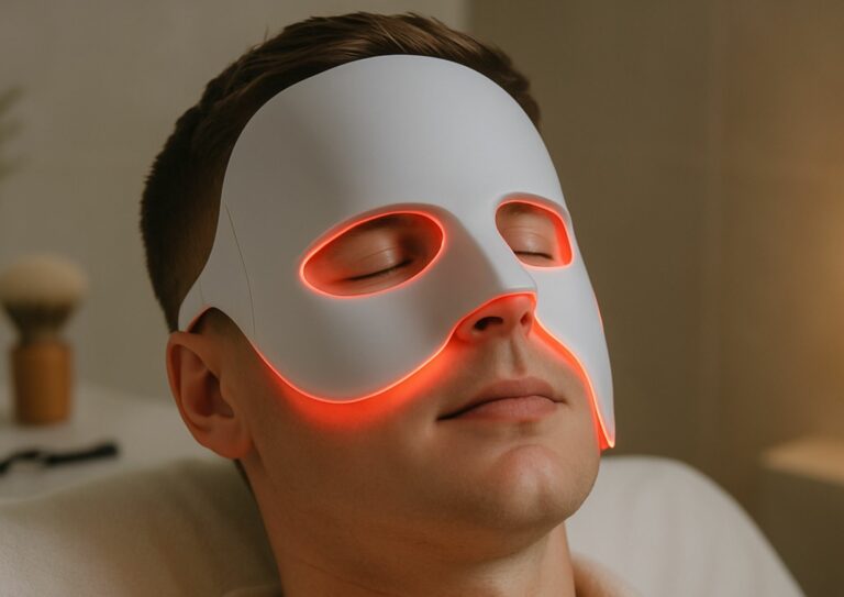 Image d'un homme portant un masque de luminothérapie comme soin après-rasage