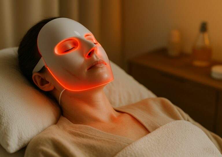 Image d'une femme allongée portant un masque lumière LED qui réduit la fatigue