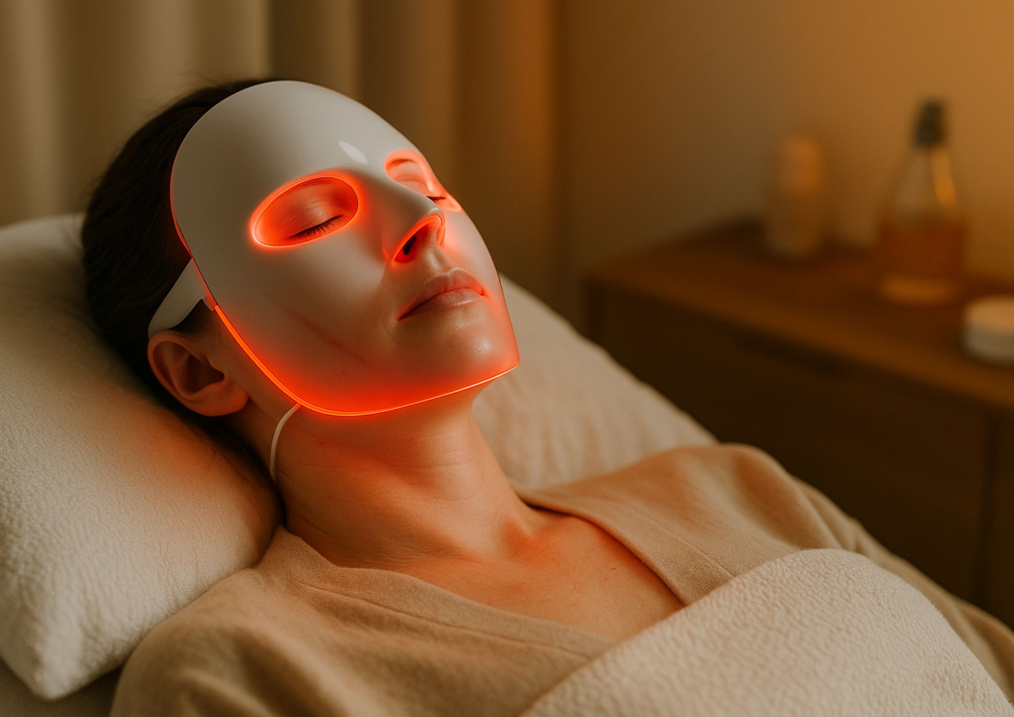 Image d'une femme allongée portant un masque lumière LED qui réduit la fatigue