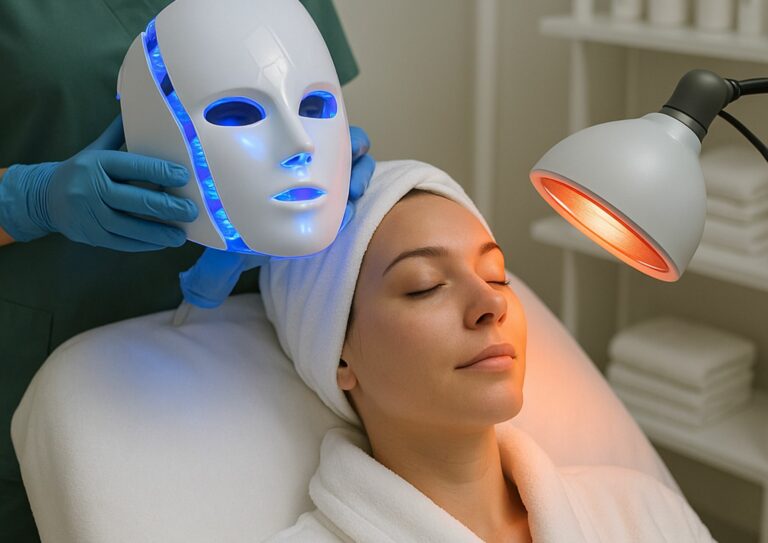 Image d'une femme se faisant poser un masque LED bleu mais hésitant à suivre un traitement avec une lampe infrarouge.