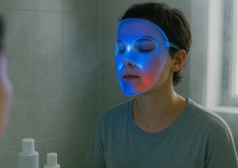 Femme devant un miroir les yeux fermés portant un masque LED à lumière bleu pour lutter contre l'acné