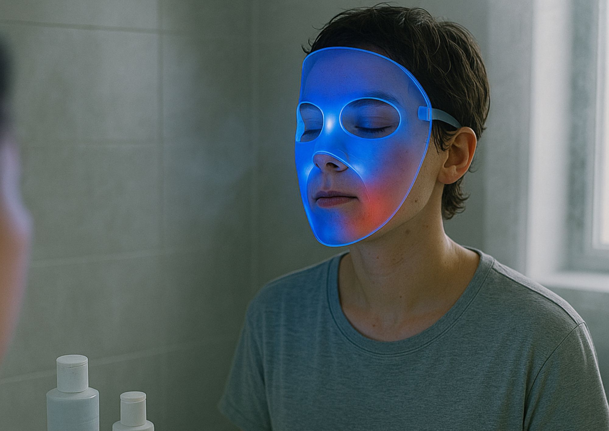Femme devant un miroir les yeux fermés portant un masque LED à lumière bleu pour lutter contre l'acné