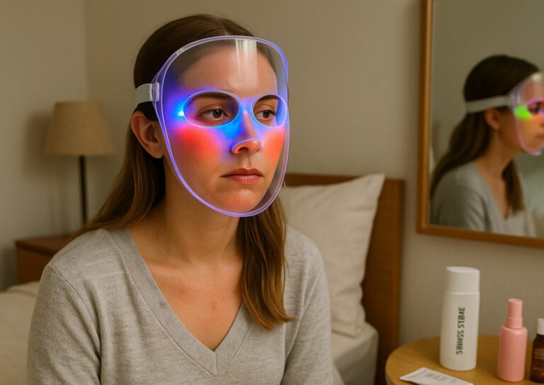 Image d'une femme portant un masque LED en faisant une des erreurs d'utilisation des masques LED.