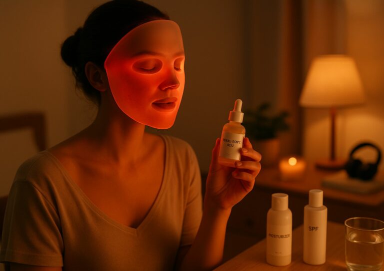 Image d'une femme intégrant un masque LED dans sa routine beauté