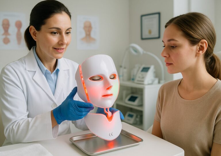 Image d'une femme regardant un masque LED certifié dermatologiquement présenté par une dermatologue