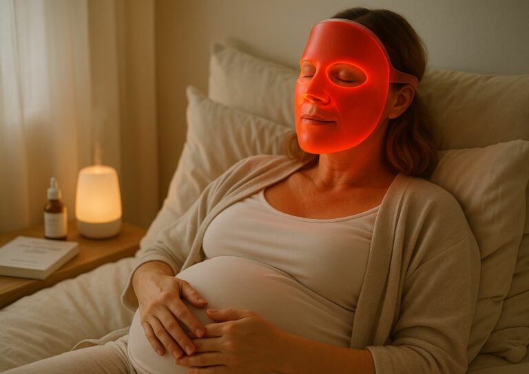 Femme enceinte allongée dans un lit touchant son ventre et portant un masque LED lumière rouge