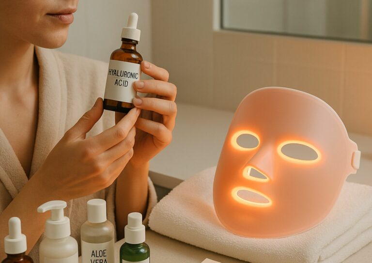Image d'une femme utilisant un masque LED et des soins réparateurs pour maximiser ses résultats.
