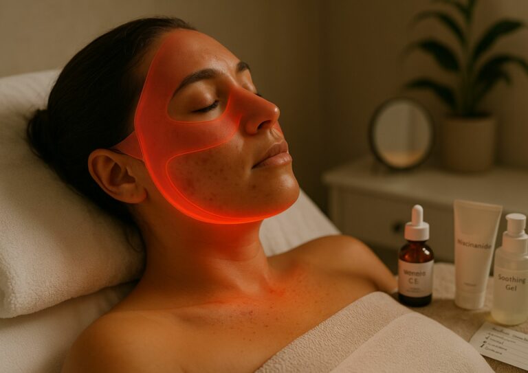 femme allongée portant une serviette blanche avec un masque LED à lumière rouge afin de réduire la pigmentation post-inflammatoire