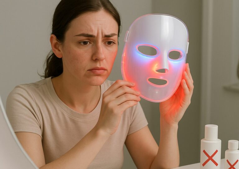 Image d'une femme avec un masque LED faisant attention aux risques des masques LED