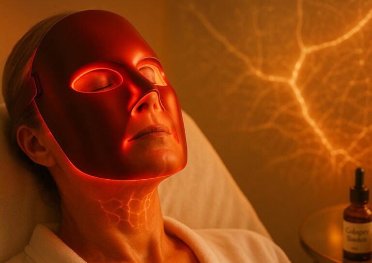 Image d'une femme portant un masque LED qui va améliorer l'élasticité de sa peau.