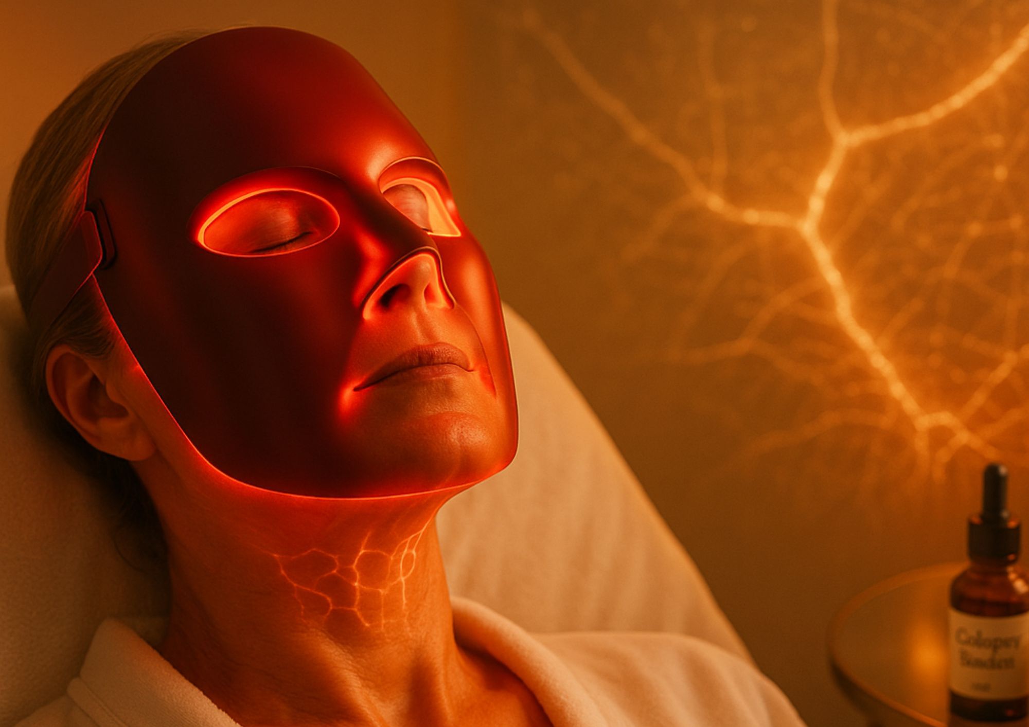 Image d'une femme portant un masque LED qui va améliorer l'élasticité de sa peau.