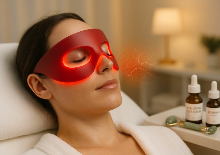 Femme allongée portant un peignoir blanc les yeux fermés avec un masque LED à lumière rouge seulement autour des yeux pour traiter les cernes