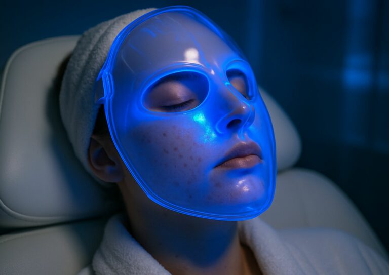 Image d'une femme qui porte un masque LED lumière bleue qui lutte contre l'acné