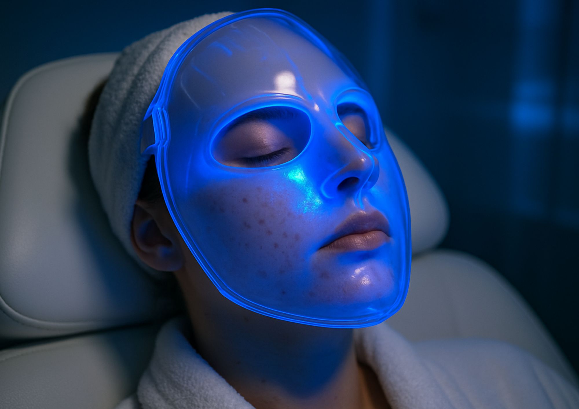 Image d'une femme qui porte un masque LED lumière bleue qui lutte contre l'acné
