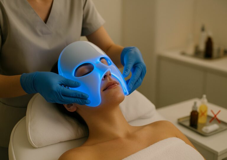 femme allongée portant une serviette blanche, les yeux fermés et se faisant poser un masque LED pour peaux grasses