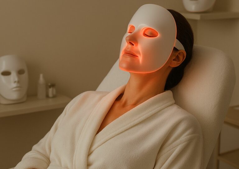 Femme allongée portant un peignoir blanc, les yeux fermés portant un masque LED à lumière rouge afin d'obtenir des résultats sur le long terme
