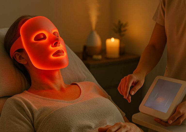 femme allongée, les yeux fermés portant un masque LED à lumière rouge afin de lutter contre le stress cutané, à côté d'elle un médecin lui présente une tablette