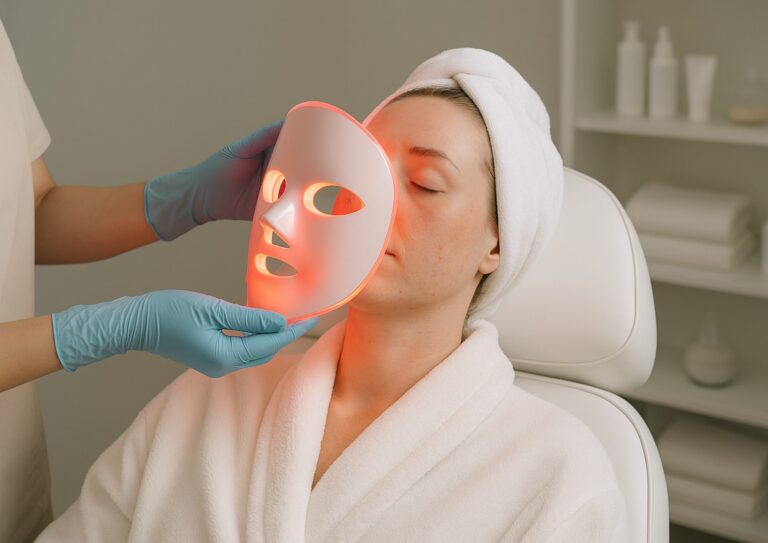 Femme portant un peignoir blanc et une serviette blanche dans les cheveux se faisant poser un masque LED rouge par un médecin portant des gants bleus