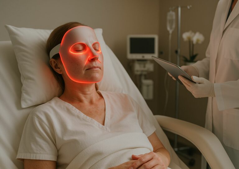 Femme allongée sur un lit d'hôpital portant un masque LED lumière rouge pour une régénération post-chirurgicale du visage