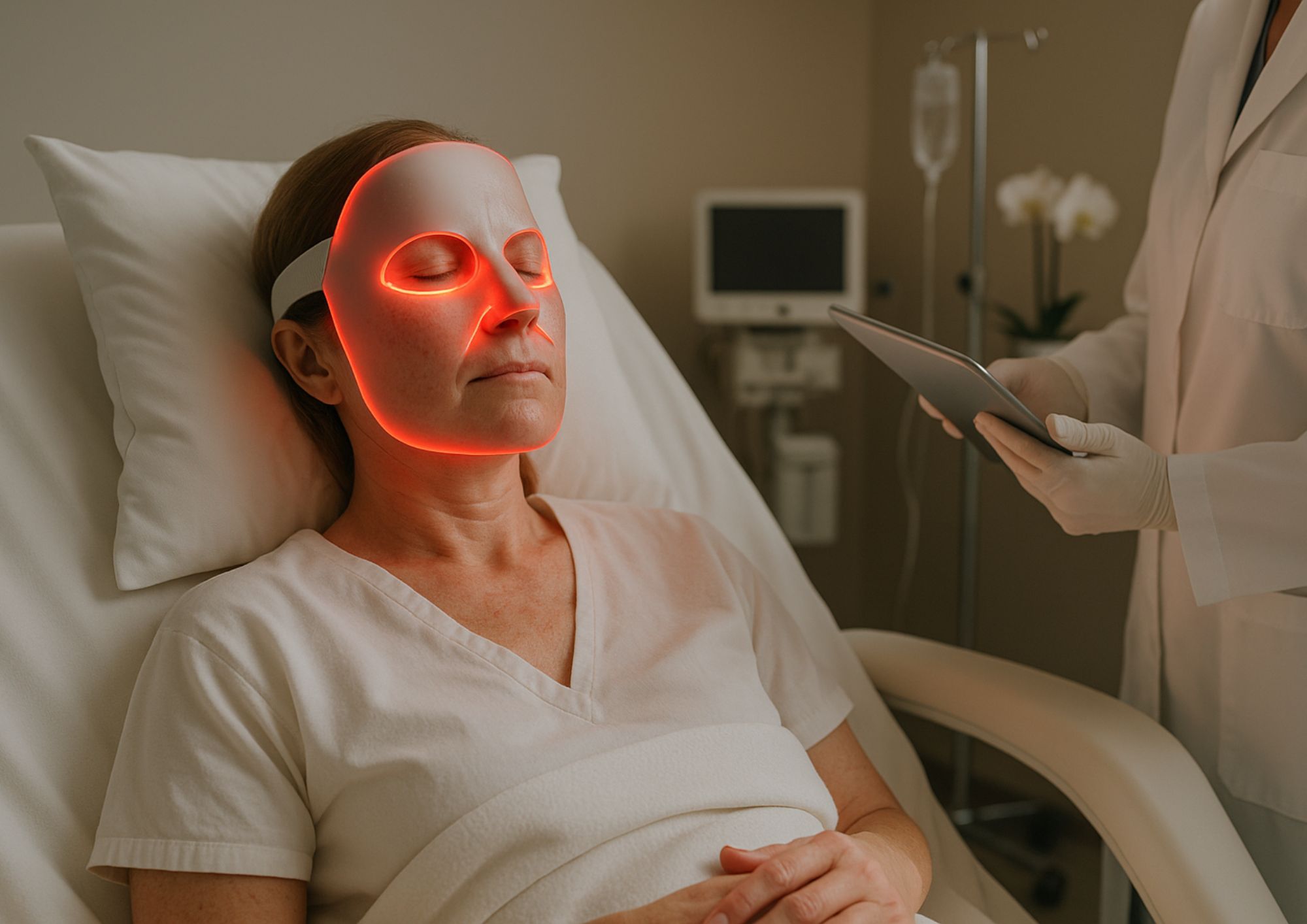 Femme allongée sur un lit d'hôpital portant un masque LED lumière rouge pour une régénération post-chirurgicale du visage