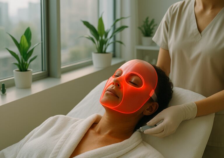 Femme allongée, les yeux fermés, portant un peignoir blanc avec un masque LED à lumière rouge, à côté d'elle quelqu'un lui apporte les soins réparateurs adaptés
