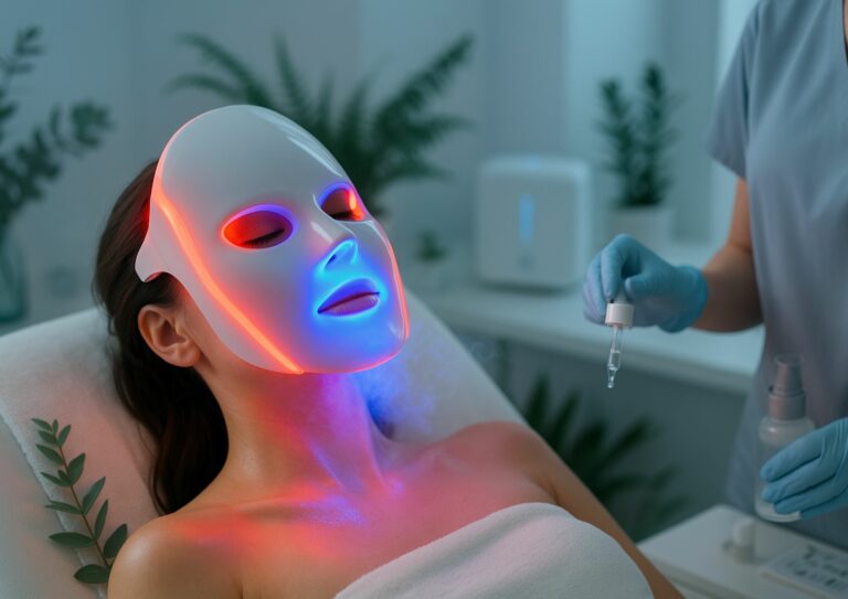 Femme allongée les yeux fermés portant une serviette avec un masque LED combinant la lumière rouge et bleue, un médecin à côté d'elle tient une pipette pour permettre la détoxication de la peau