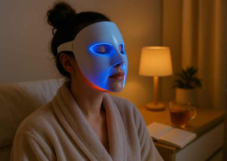 Image d'une femme portant un masque LED bleu, idéal contre l'acné hormonal.
