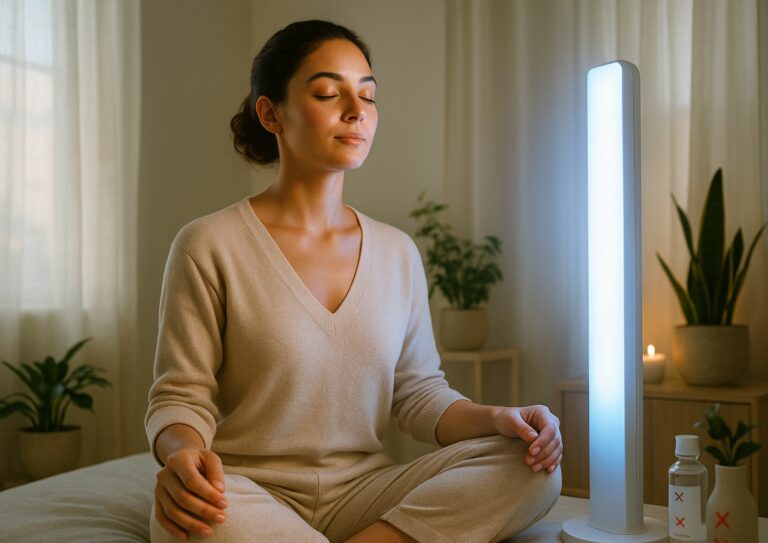 Image d'une femme en tailleur avec une lumière qui influence la santé.