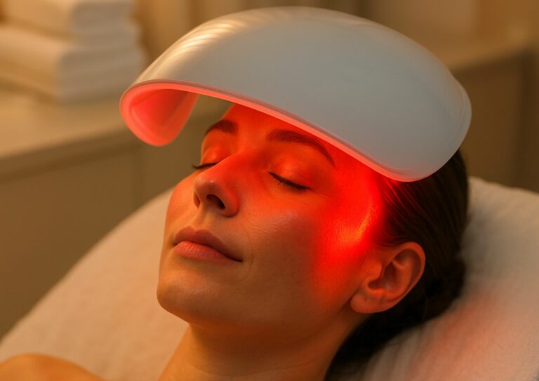 Femme allongée avec un masque LED lumière rouge au dessus du visage
