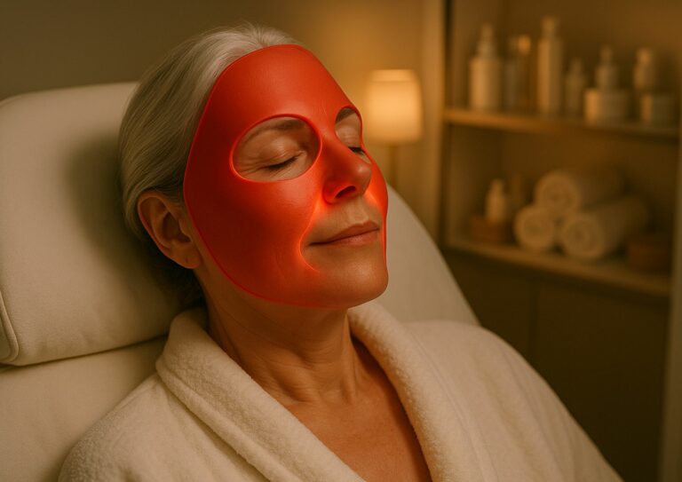 Image d'une vieille femme portant un masque lumière rouge LED