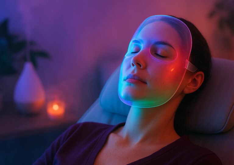 Image d'une femme portant un masque LED qui apaise son esprit et contribue à son bien-être.