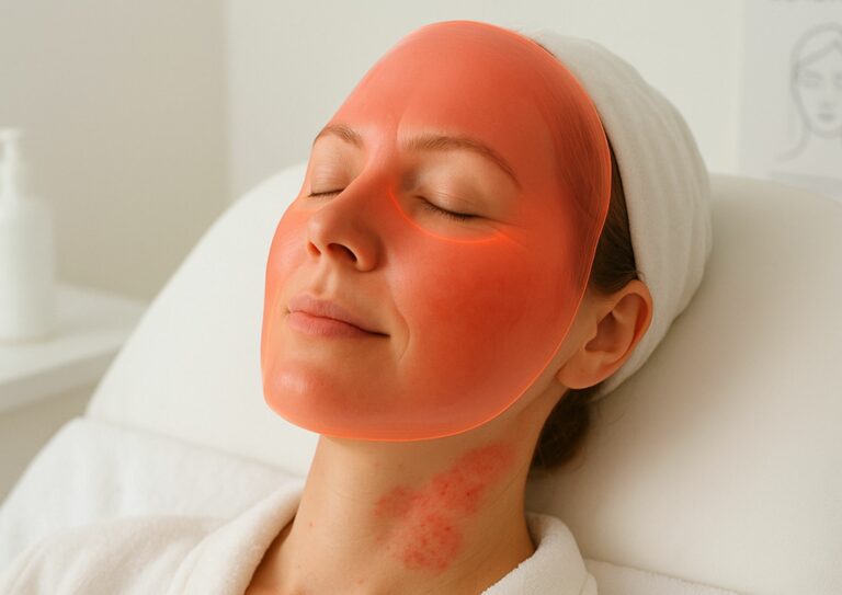Image d'une femme portant un masque qui lutte contre l'eczéma.