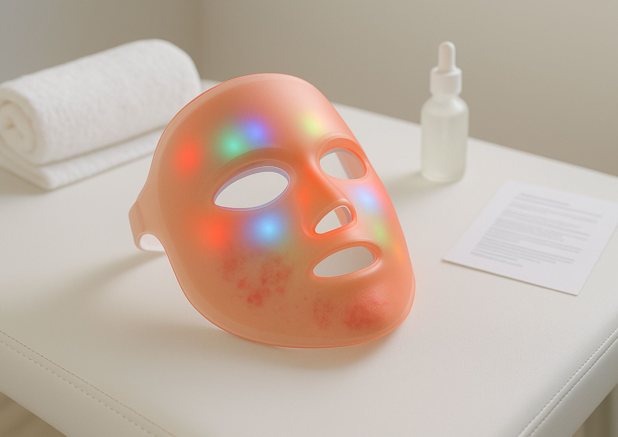 Image d'un masque LED avec plusieurs couleurs et plusieurs effets différents.