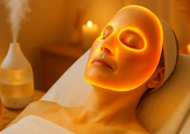 Image d'une femme portant un masque LED jaune adapté pour peau sèche