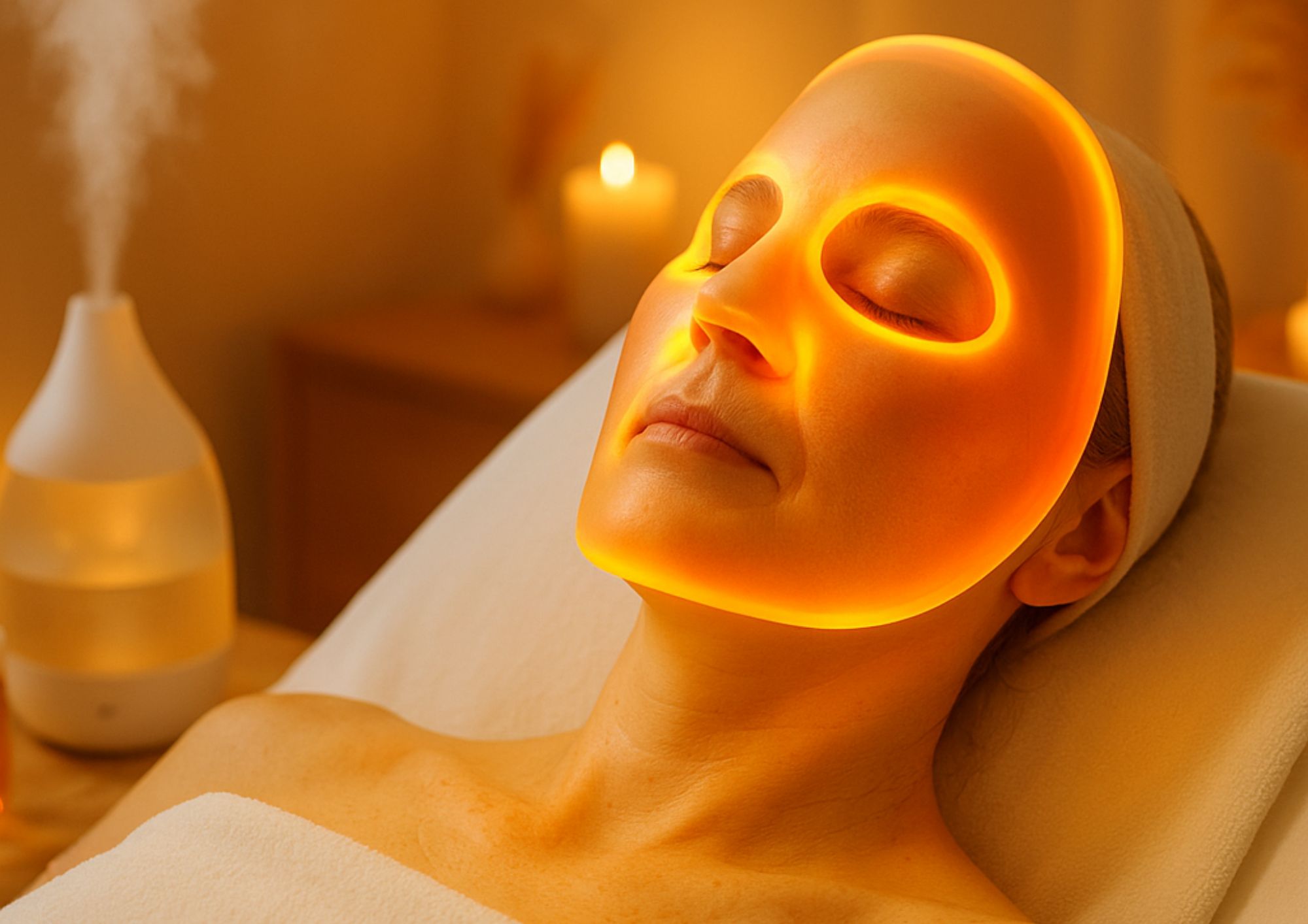 Image d'une femme portant un masque LED jaune adapté pour peau sèche
