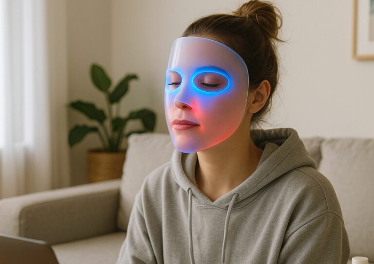 Image d'une femme portant un masque LED bleu et rouge adapté pour peau grasse