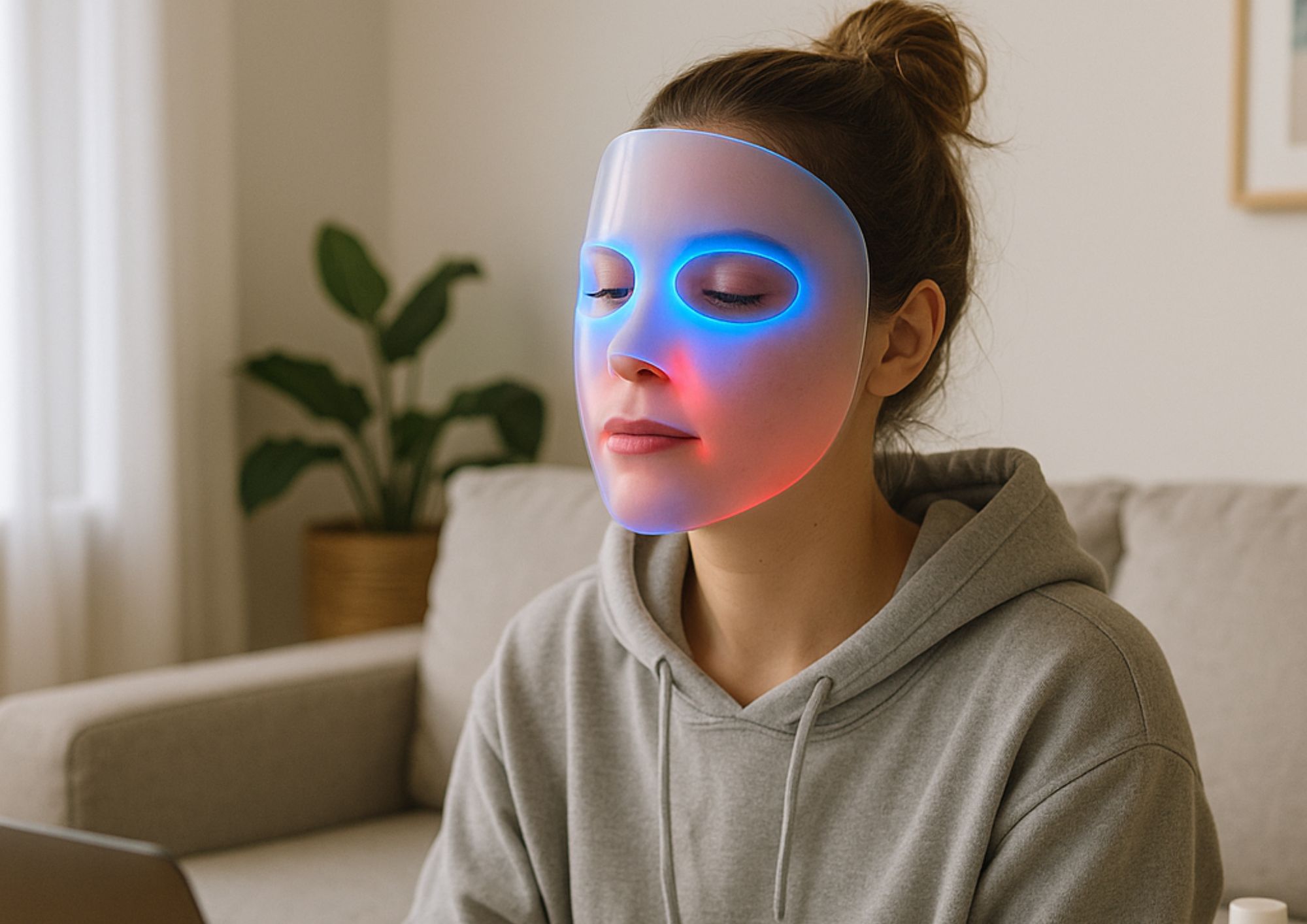 Image d'une femme portant un masque LED bleu et rouge adapté pour peau grasse