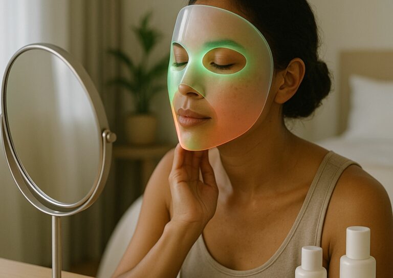 Image d'une femme utilisant un masque LED pour les taches pigmentaires de couleur verte.